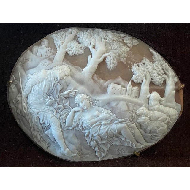 This antique cameo on shell is well-preserved in a shadowbox style frame. The shell is held in place with small gold...