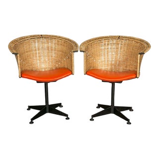 1960s Iron & Rattan Swivel Chairs - A Pair For Sale
