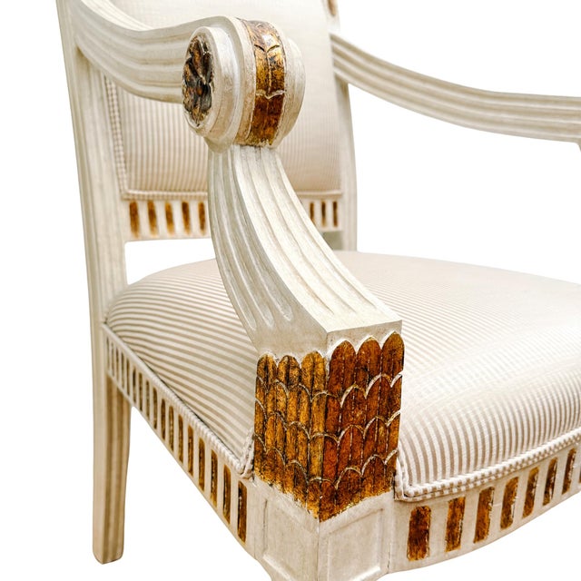 Early 20th Century Vintage Italian Neoclassical Gilt & Painted Armchair Fauteuils With Rosette Carvings - A Pair For Sale - Image 15 of 18