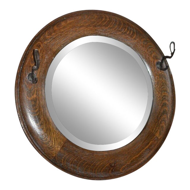 Antique Round Oak Wall Mirror With Hat Hooks Chairish