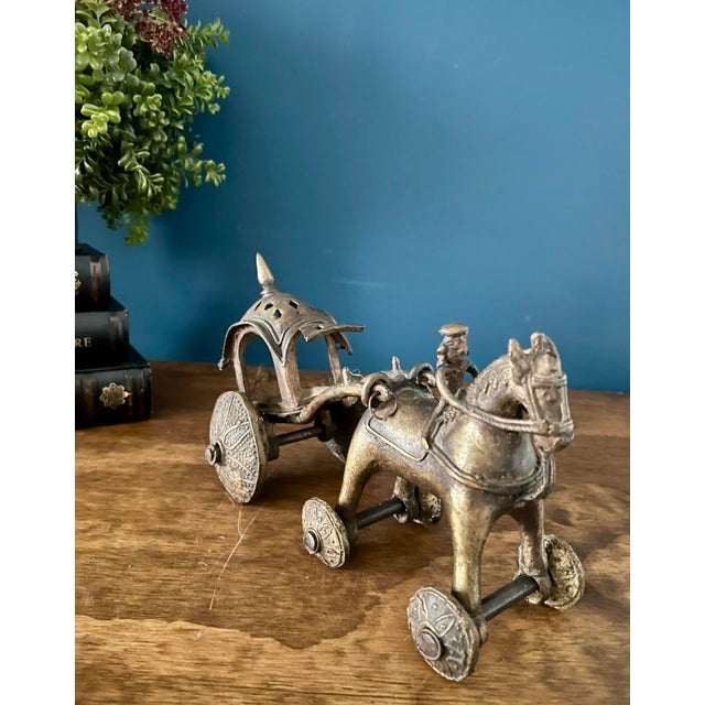 Indian Antique Cast Metal Temple Toy , Early 20th Century Horse & Carriage Sculpture For Sale - Image 3 of 17