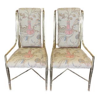 Pair of 1970s Brass Faux Bamboo Chairs With Newly Recovered Upholstery For Sale