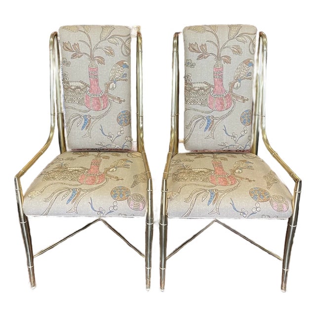 Pair of 1970s Brass Faux Bamboo Chairs With Newly Recovered Upholstery For Sale
