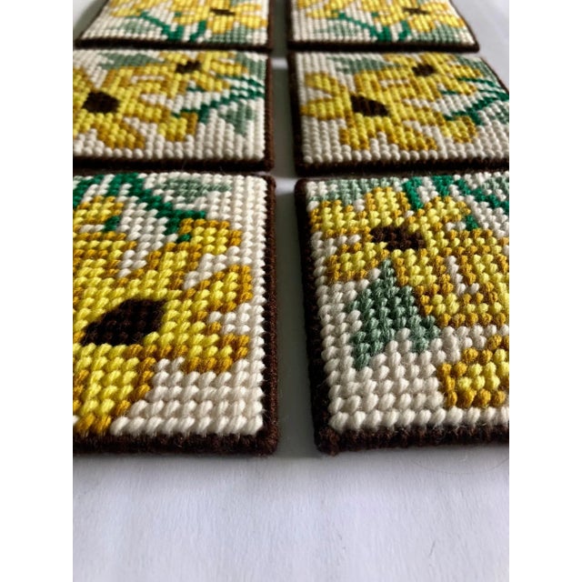 Mid-Century Modern Mid 20th Century Sunflower Black Eyed Susan Needlepoint Coasters- Set of 6 For Sale - Image 3 of 5