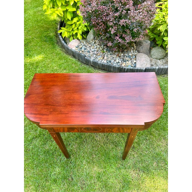 George Hepplewhite Antique, Flame-Mahogany, Federal Style, Game Table, Swivel and Hinged Flip-Top Mechanism, Geometric String Inlay, C1780-1830, Demilune Console Table For Sale - Image 4 of 12