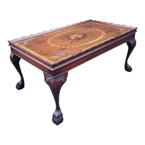 1940s Georgian Floral Hand-Painted Top Mahogany Coffee Table W/ Protective Glass