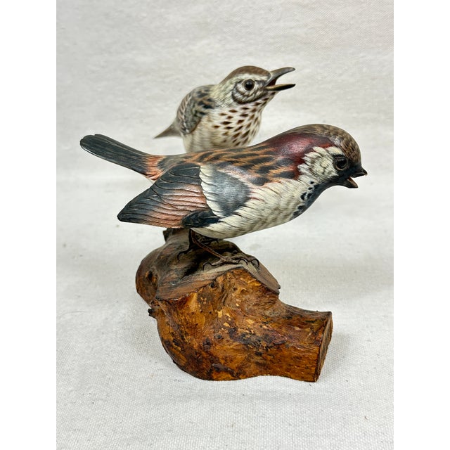 Vintage Hand-Carved & Painted Wooden House Sparrow Bird Sculpture on Driftwood Base For Sale - Image 11 of 12