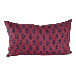 Custom Made Lisa Fine Red Indigo Rajkot Linen Lumbar Pillow With Insert For Sale