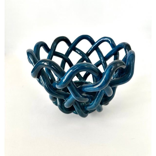 Hand Crafted Cerluean Blue Twisted Pottery Bowl For Sale - Image 13 of 16