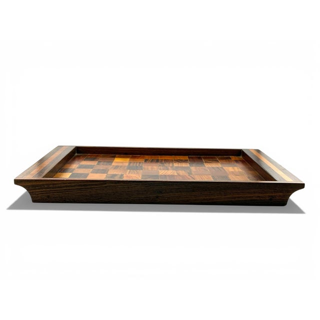 Absolutely stunning tray- made from multiple types of exotic woods laid in a checkerboard pattern set in rosewood. Has a...