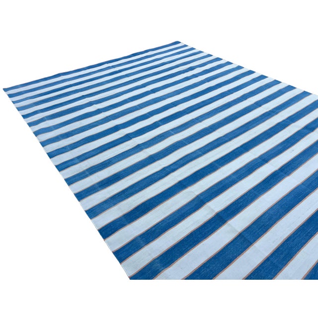 Textile Handmade Cotton Striped Rug, Blue, White and Orange Striped Dhurrie - 6'x9' For Sale - Image 7 of 10