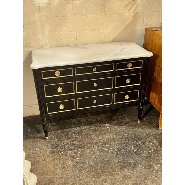 Traditional Vintage French Louis XVI Jansen Style Black Lacquered Chest For Sale - Image 3 of 13