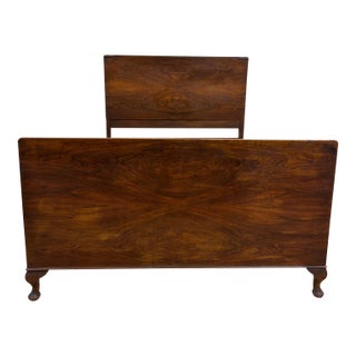 Vintage Full Size Art Deco Style Flame or Burled Mahogany Carved Bed For Sale