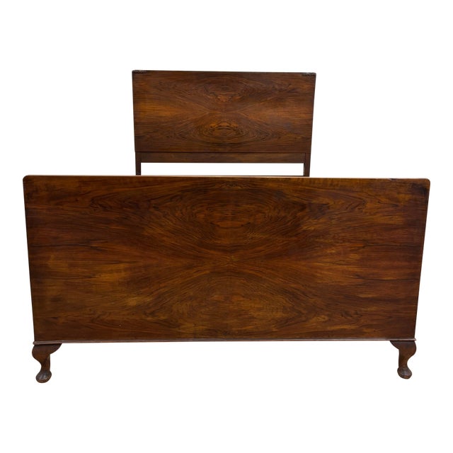 Vintage Full Size Art Deco Style Flame or Burled Mahogany Carved Bed For Sale
