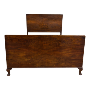 Vintage Full Size Art Deco Style Flame or Burled Mahogany Carved Bed
