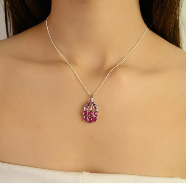 Handcrafted 3.61 CTW Natural Ruby Cluster Pendant Set in Sterling Silver by Carat&her For Sale - Image 4 of 13