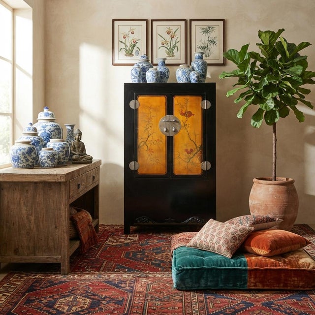 Chinese Black Orange Yellow Graphic Armoire Wardrobe Cabinet For Sale - Image 10 of 11