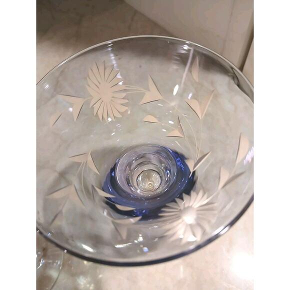 1960s Mid Century Modern Murano Etched Cocktail Cordial Glasses 5" Blue Barware Hand Blown Floral - a Pair For Sale - Image 13 of 16