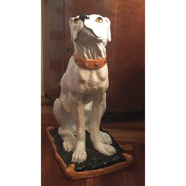 White Large Hollywood Regency Glazed Terracotta Majolica Dog Statue For Sale - Image 8 of 13