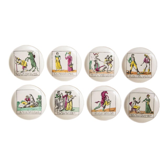 Vintage Piero Fornasetti Porcelain Colored Opera Coasters Il Mondo Alla Rovescia Set of 8 Italian MCM For Sale