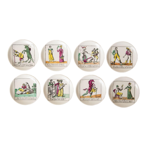 Vintage Piero Fornasetti Porcelain Colored Opera Coasters Il Mondo Alla Rovescia Set of 8 Italian MCM