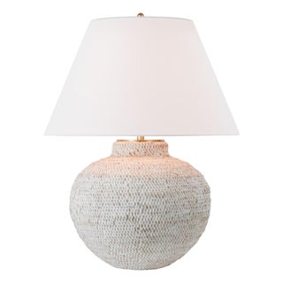 Marie Flanigan by Visual Comfort Signature Avedon Medium Table Lamp in Plaster White Rattan with Linen Shade For Sale