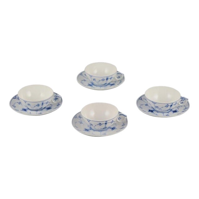 Blue Fluted Plain Teacups and Saucers in Porcelain from Royal Copenhagen, 1950s, Set of 8 For Sale