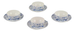 Blue Fluted Plain Teacups and Saucers in Porcelain from Royal Copenhagen, 1950s, Set of 8