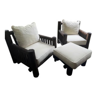 Rustic Peeled-Bark Twig Club Chairs With Ottoman – Adirondack Lodge Style For Sale