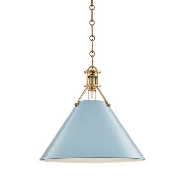 Transitional Hudson Valley Lighting Mark D. Sikes Painted No.2 1-Light Large Pendant, Aged Brass/Blue Bird For Sale - Image 3 of 3