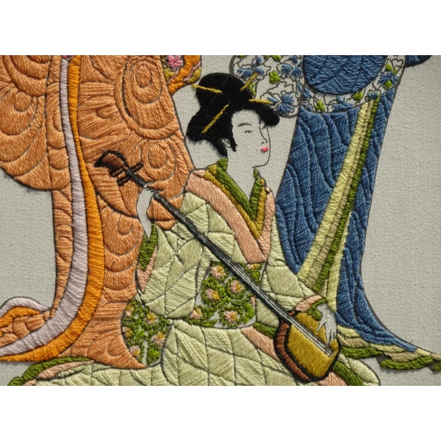 Vintage Five Oriental Asian Women Musical Scene Embroidered Picture Wall Hanging For Sale - Image 10 of 12