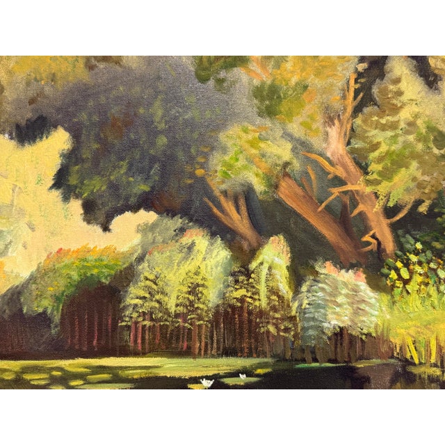 Green Impressionist Acrylic on Canvas Dock on a Pond Landscape Painting For Sale - Image 8 of 12