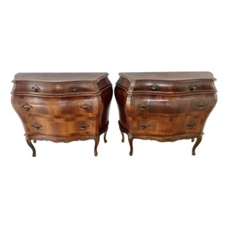 Italian Inlaid Walnut Bombé Commodes, Baroque Style, Mid-20th Century For Sale