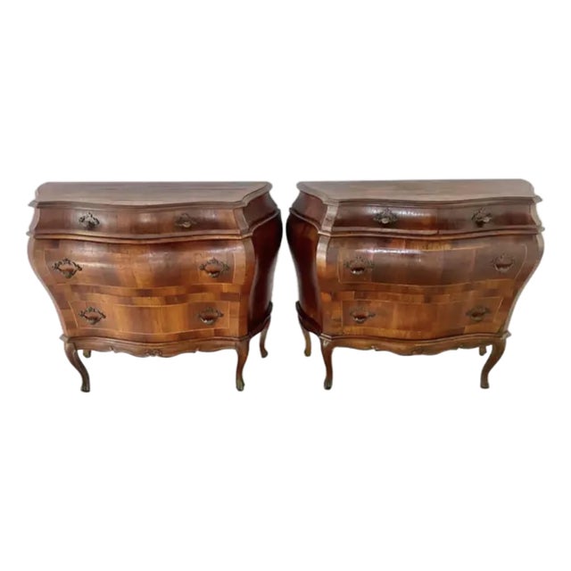 Italian Inlaid Walnut Bombé Commodes, Baroque Style, Mid-20th Century For Sale