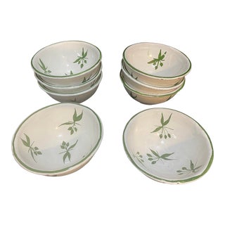 Hand Painted Pottery Bowls Green Olives - Made in Portugal- Set of 8 For Sale