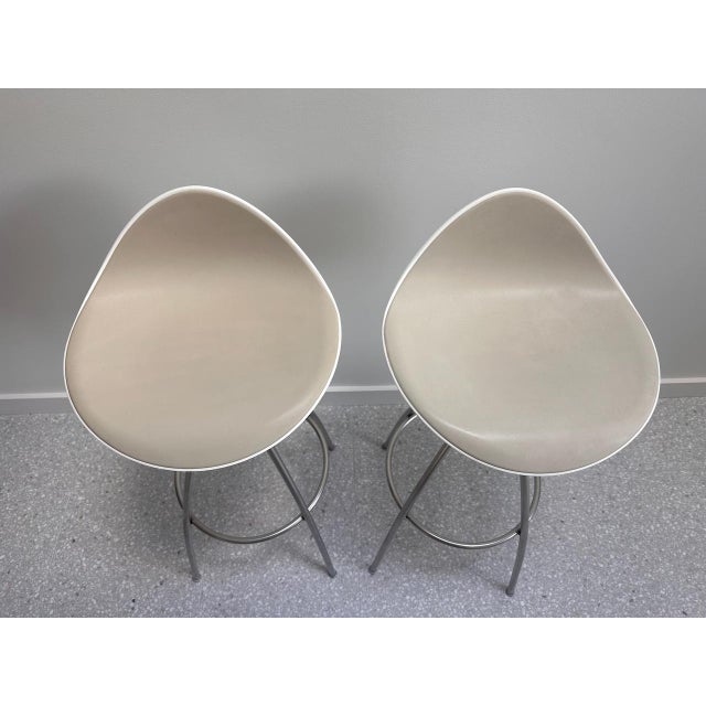 Two Onda bar-height stools, designed by Stua, bought from Design Within Reach. These deliver surprisingly good lumbar...