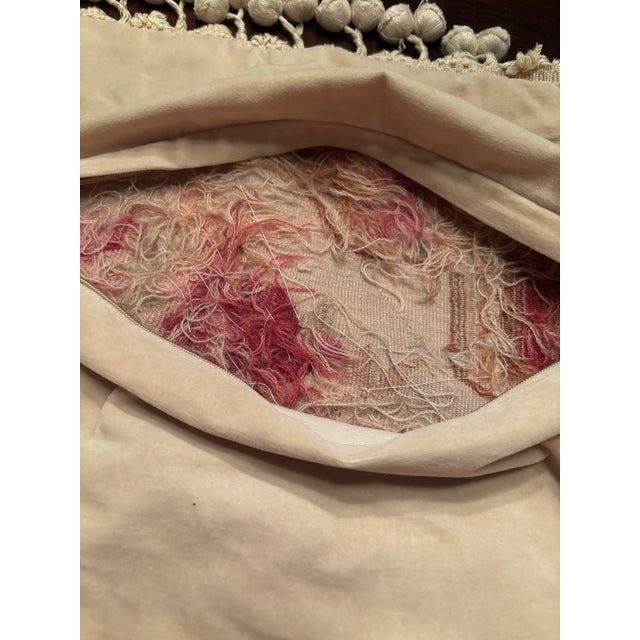 Vintage Hand-Tufted Needle Point Pillow Cover With Pom Pom Fringe & Zipper – 19” X 19” For Sale - Image 4 of 6