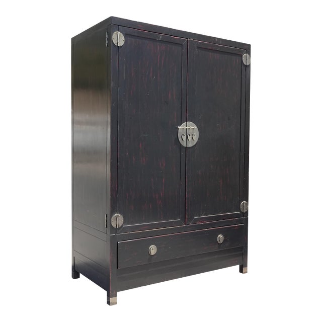 Vintage Asian Baker Furniture Black Lacquer Entertainment Storage Cabinet Armoir For Sale