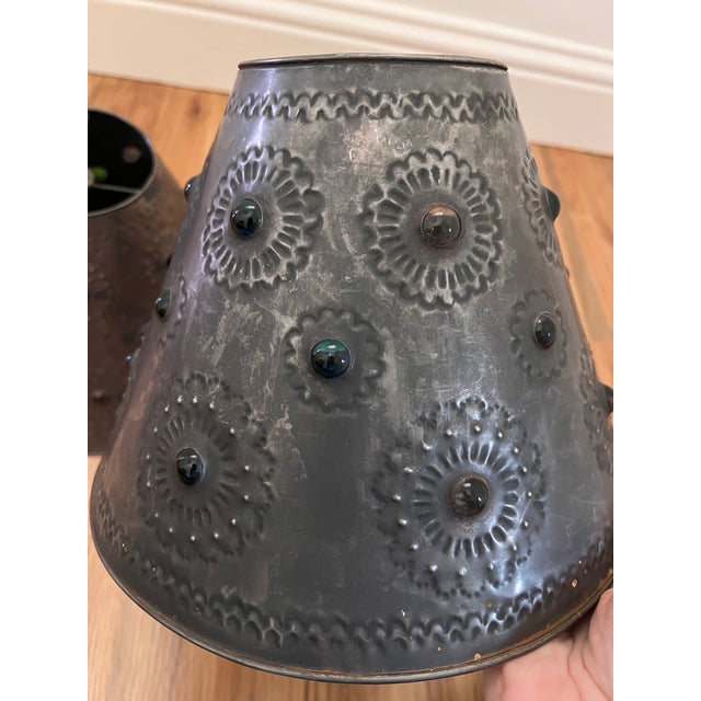 Mid 20th Century Pair of Vintage Hand-Punched Tin Lamp Shades With Glass Marbles For Sale - Image 5 of 5