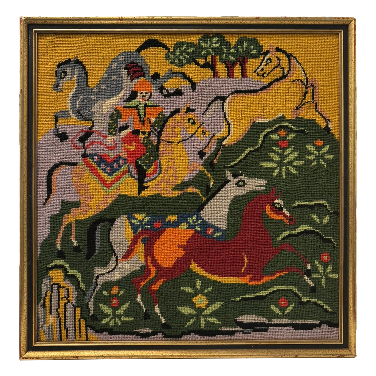 Vintage Folk Horsemen Needlepoint Tapestry Art in Gilt Frame | Chairish