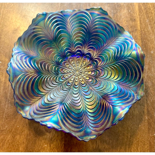American 1910s Fenton Peacock Tail Blue Ruffled Dish For Sale - Image 3 of 12