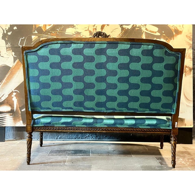 Late 19th Century Carved Antique French Settee in Modern Clarence House Linen For Sale - Image 12 of 14