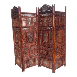 Late 20th Century Teakwood with Intricately Carved Leaf Design 4-Panel Floor Screen For Sale