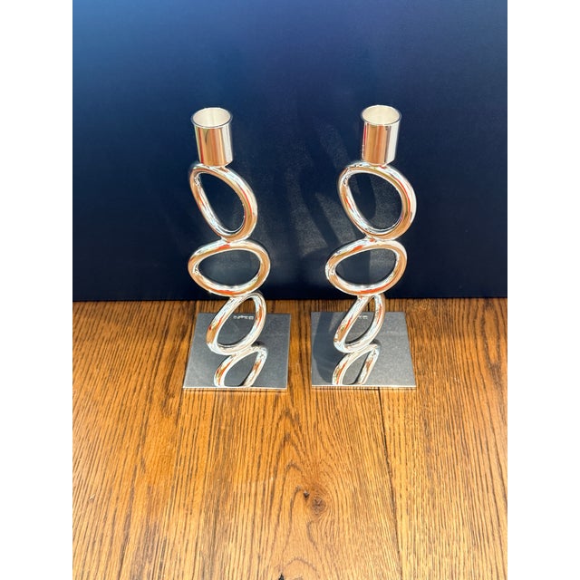 Metal Pair Christofle Vertigo 3 Ring Candlesticks For Sale - Image 7 of 12