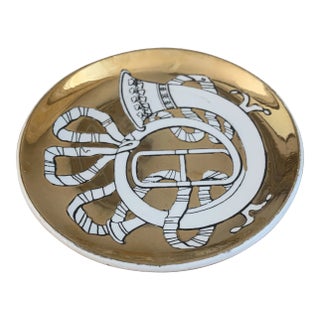 Gold Fornasetti for Bonwit Teller French Horn Porcelain Coaster or Ashtray For Sale