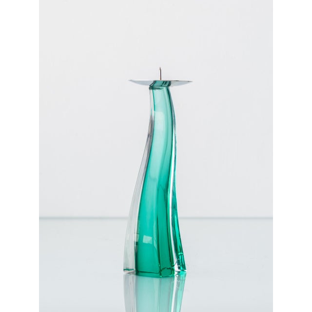 Signed Giuliano Tosi Murano glass candlestick in emerald sommerso glass, faceted by hand and dated 2001 — a sculptural...