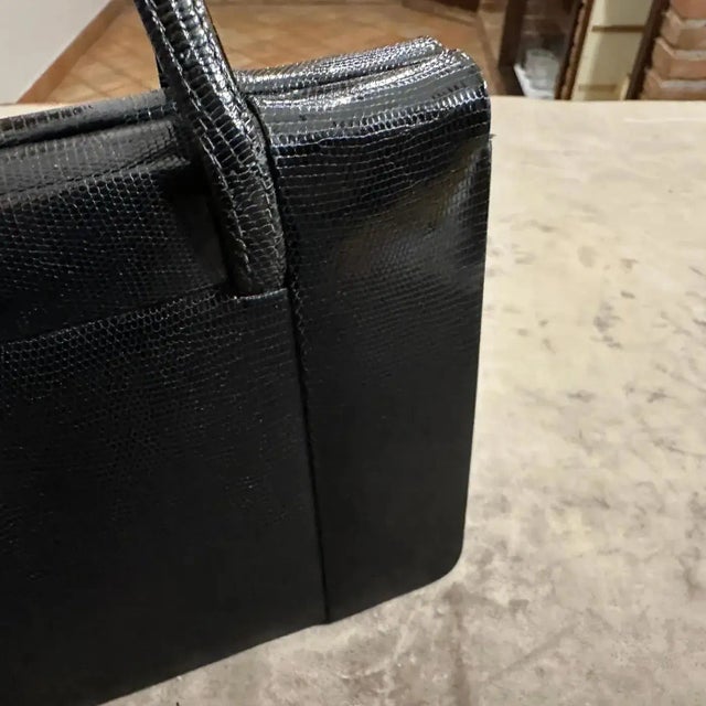 Art Deco 1950s High Quality Black Leather and Brass Hardware Italian Evening Bag For Sale - Image 3 of 18