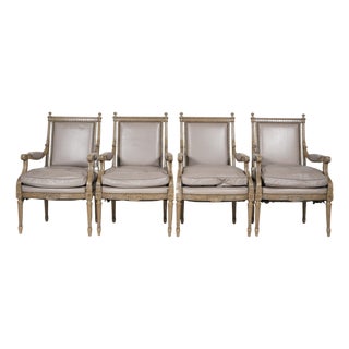 1960s Set of Four Louis XVI-Style Painted Fauteuils in Pale Leather With Nailhead Trim — Architectural Neoclassical Seating For Sale