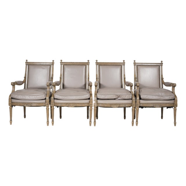 1960s Set of Four Louis XVI-Style Painted Fauteuils in Pale Leather With Nailhead Trim — Architectural Neoclassical Seating For Sale