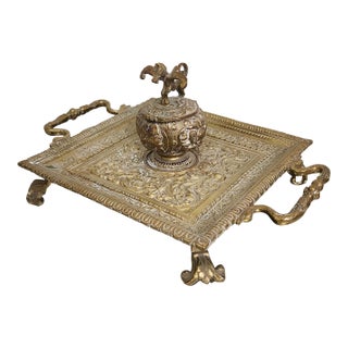 Vintage Ornate Brass Pegasus Inkwell Tray With Glass Ink Insert For Sale